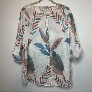 Cynthia Rowley 100% Linen Long Sleeve Tropical Button Down Blouse Size 1X Tunic